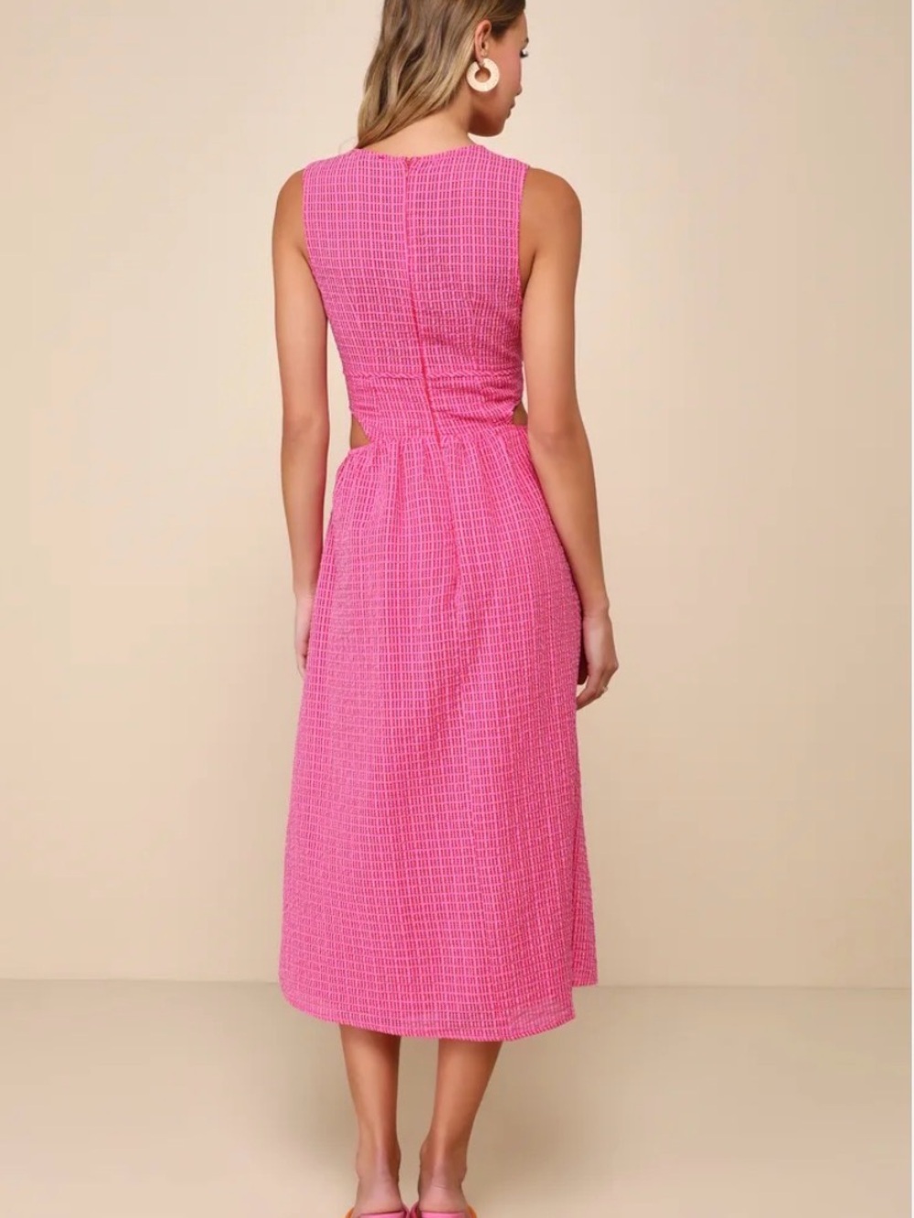 Lulu's Hot Pink Textured Cutout Midi Dress - Picture 2 of 13